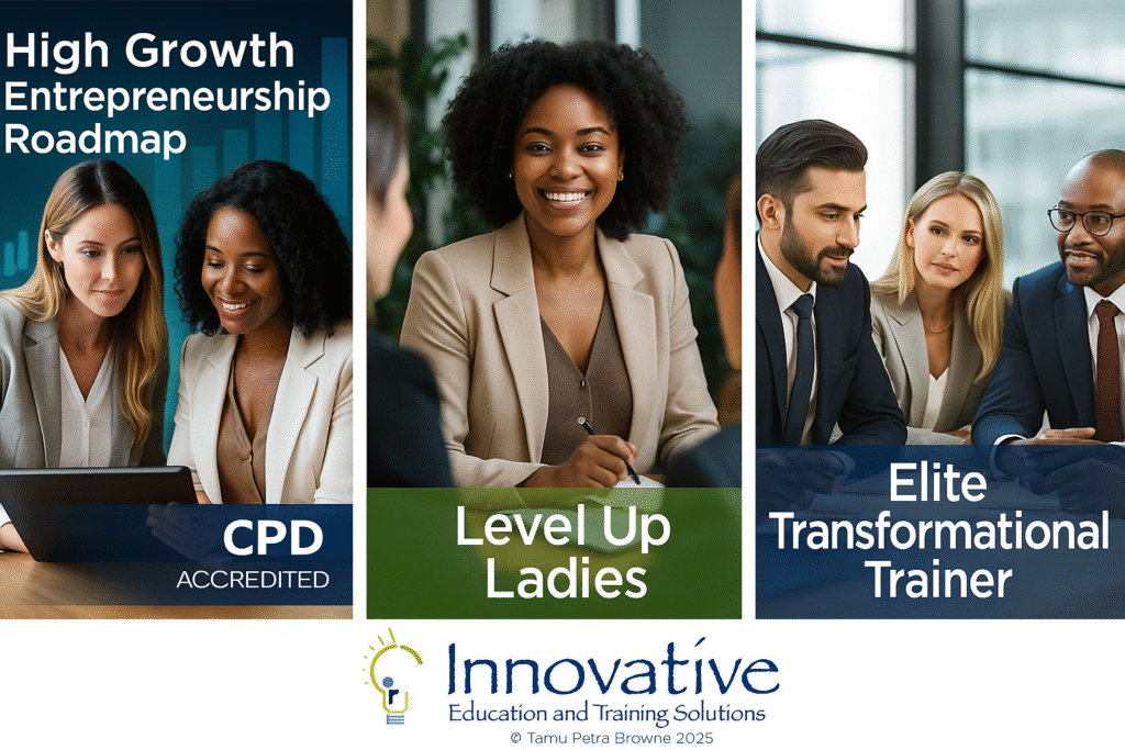 Promotional banner divided into three panels: left panel titled “High-Growth Entrepreneurship Roadmap” shows two professional women (one Black, one White) reviewing a tablet with a CPD Accredited badge; center panel titled “Level Up Ladies” features a smiling Black female entrepreneur at a laptop; right panel titled “Elite Transformational Trainer” shows a racially diverse executive team in discussion. Innovate Education and Training Solutions logo and “© Tamu Petra Browne 2025” appear below.